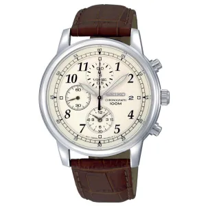 Seiko SNDC31 Men's Classic Beige Dial Brown Leather Strap Chronograph Watch