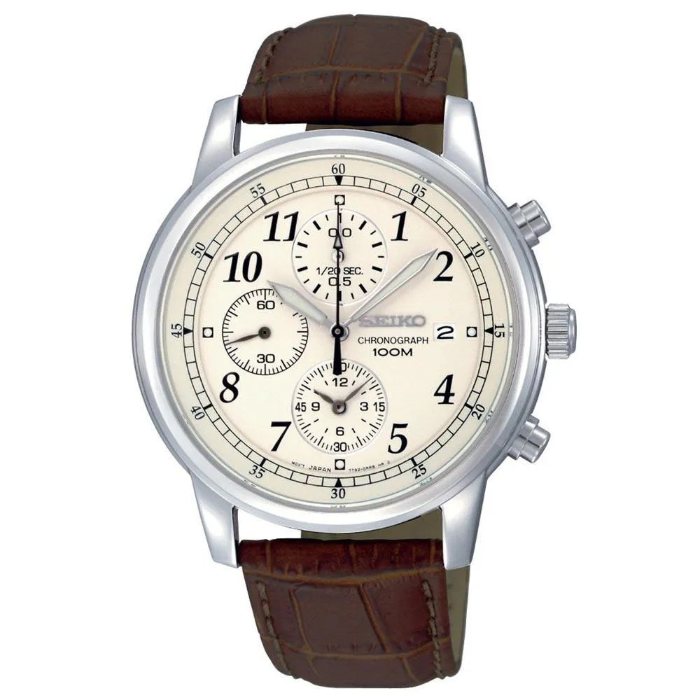 Seiko SNDC31 Men's Classic Beige Dial Brown Leather Strap Chronograph Watch