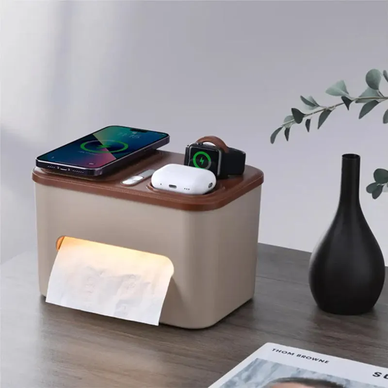 Smart Night Light Tissue Box with 3-in-1 Wireless Charger – Multifunctional Desk Organizer