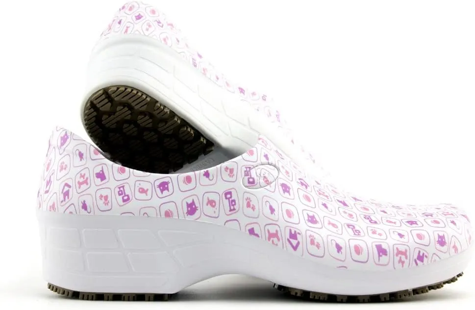Sticky Printed Colorful Nursing Shoes - Professional Shoes for Women - Nurses Vets CNA LPN RN - Waterproof Non Slip - Comfortable Cleanable Clogs - White