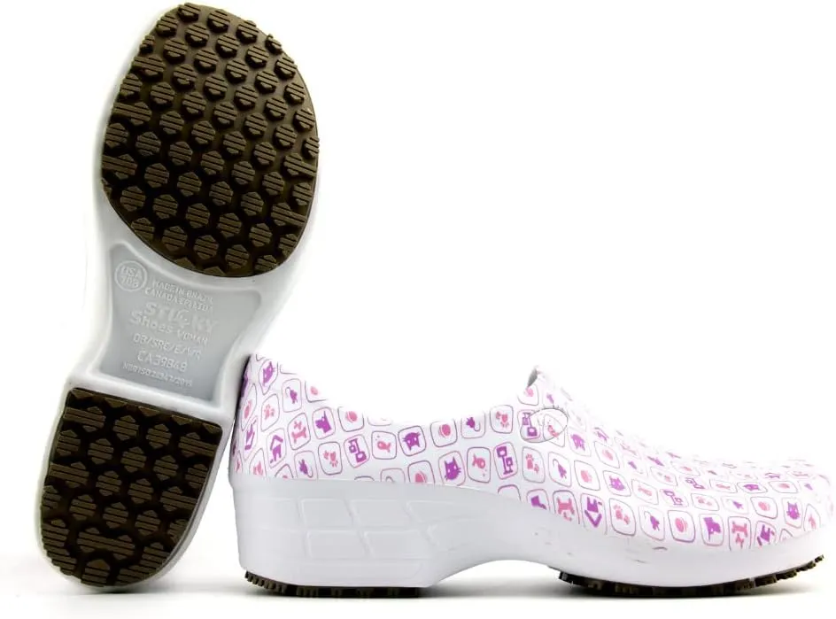 Sticky Printed Colorful Nursing Shoes - Professional Shoes for Women - Nurses Vets CNA LPN RN - Waterproof Non Slip - Comfortable Cleanable Clogs - White