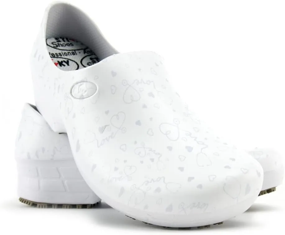 Sticky Printed Colorful Nursing Shoes - Professional Shoes for Women - Nurses Vets CNA LPN RN - Waterproof Non Slip - Comfortable Cleanable Clogs - White