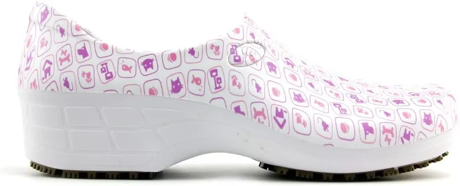 Sticky Printed Colorful Nursing Shoes - Professional Shoes for Women - Nurses Vets CNA LPN RN - Waterproof Non Slip - Comfortable Cleanable Clogs - White