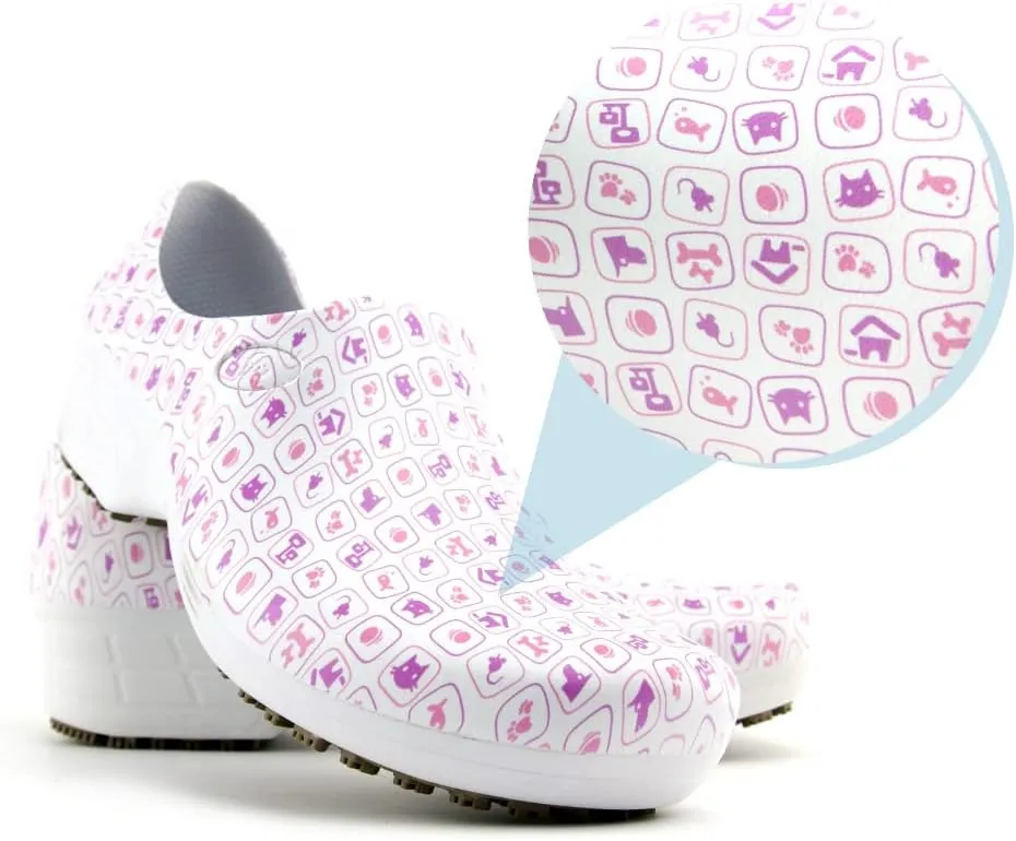 Sticky Printed Colorful Nursing Shoes - Professional Shoes for Women - Nurses Vets CNA LPN RN - Waterproof Non Slip - Comfortable Cleanable Clogs - White