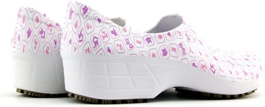 Sticky Printed Colorful Nursing Shoes - Professional Shoes for Women - Nurses Vets CNA LPN RN - Waterproof Non Slip - Comfortable Cleanable Clogs - White