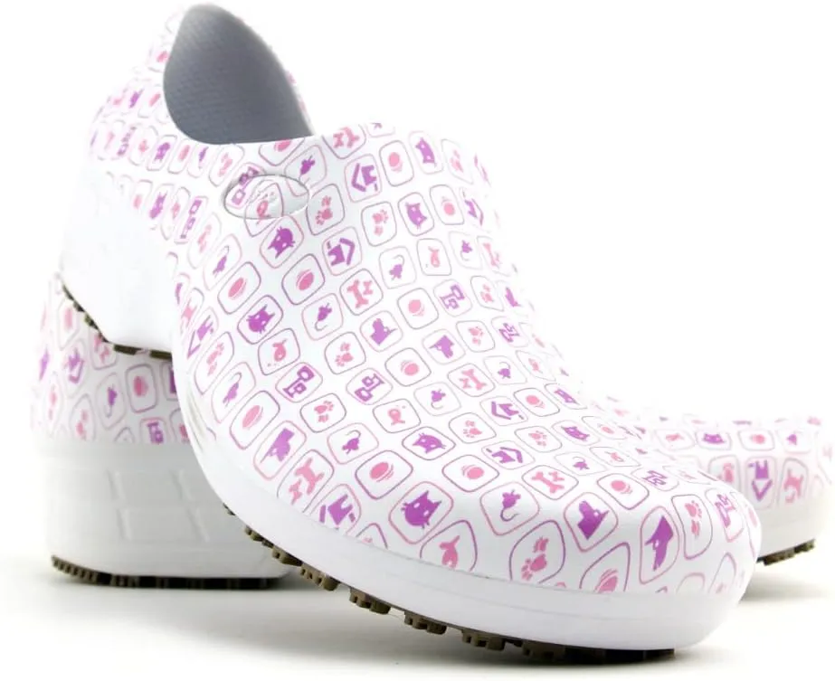 Sticky Printed Colorful Nursing Shoes - Professional Shoes for Women - Nurses Vets CNA LPN RN - Waterproof Non Slip - Comfortable Cleanable Clogs - White