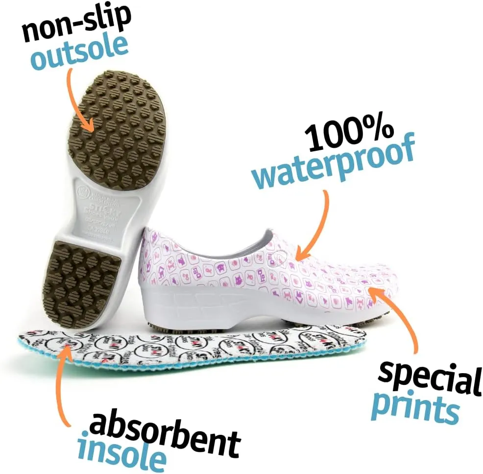 Sticky Printed Colorful Nursing Shoes - Professional Shoes for Women - Nurses Vets CNA LPN RN - Waterproof Non Slip - Comfortable Cleanable Clogs - White