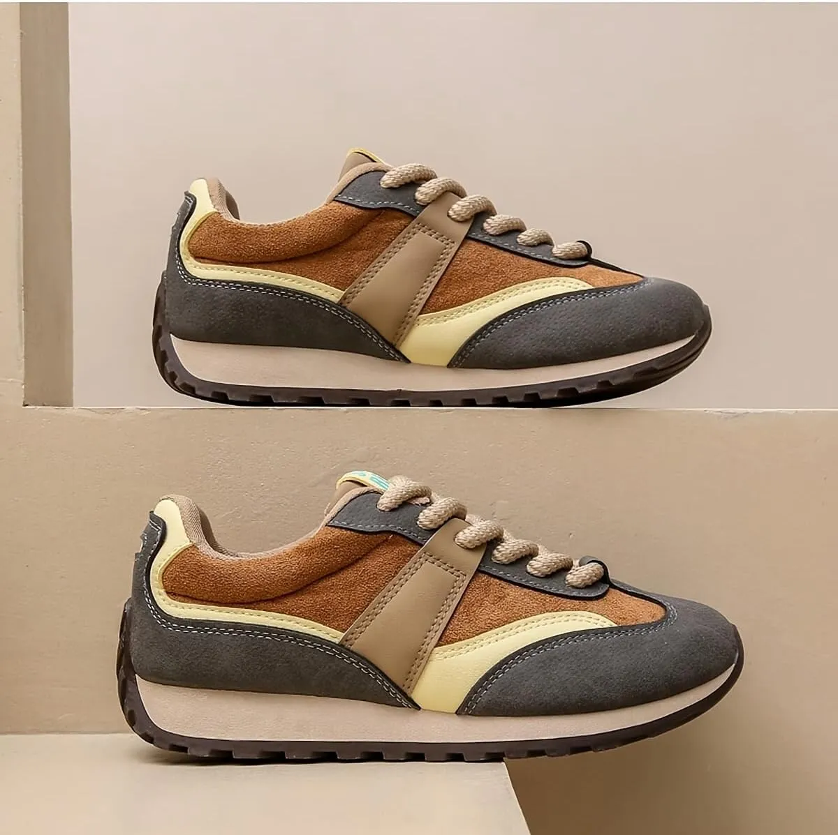 Stylish Women's Color Block Chunky Dad Shoes - Spring Comfy Corduro Upper & Rubber Sole, Lace-Up Low Tops with EVA Insole, Brown/Gray/Beige/White Pattern, Casual Height Boosting Design