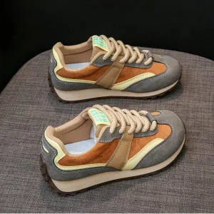 Stylish Women's Color Block Chunky Dad Shoes - Spring Comfy Corduro Upper & Rubber Sole, Lace-Up Low Tops with EVA Insole, Brown/Gray/Beige/White Pattern, Casual Height Boosting Design