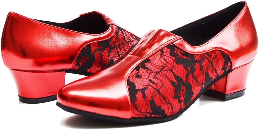TDA Women's SM1896 Comfort Chunky Heel Lace Leather Salsa Tango Ballroom Latin Modern Dance Shoes