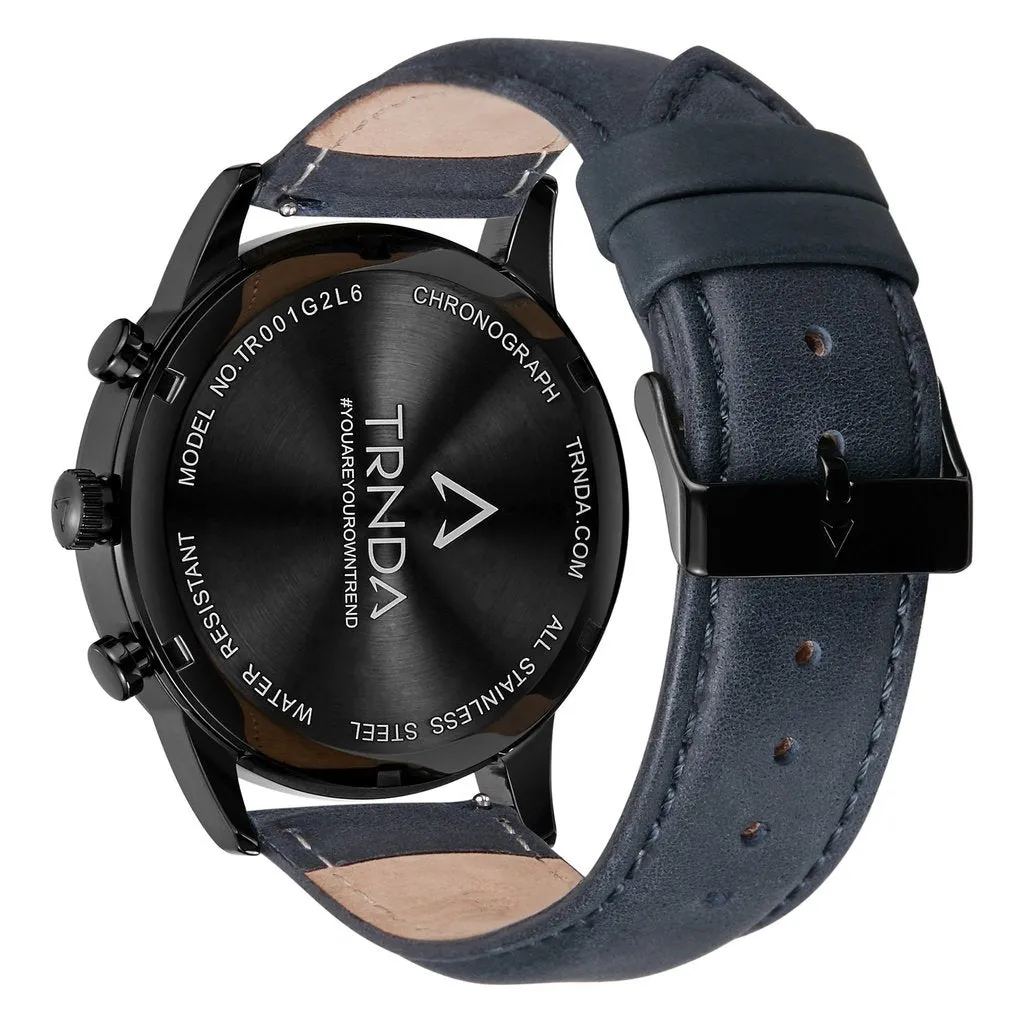 TRNDA STAINLESS STEEL MEN'S WATCH - BLACK CASE & BLUE LEATHER BAND - TIMELESS STYLE