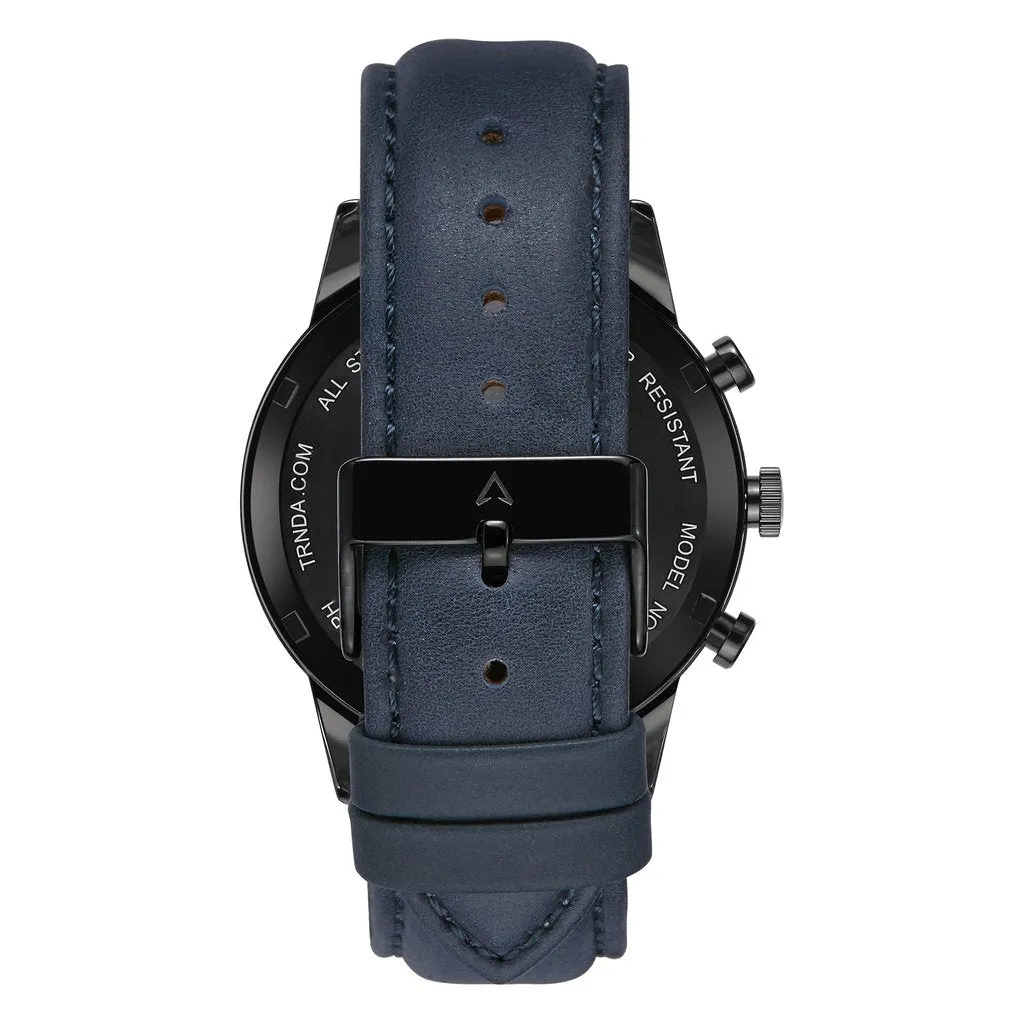 TRNDA STAINLESS STEEL MEN'S WATCH - BLACK CASE & BLUE LEATHER BAND - TIMELESS STYLE