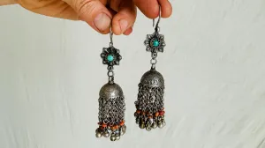 Vintage Uzbek Earrings. Jhumkas with Turquoise and Coral Earrings. Handmade Sterling Silver. 2532