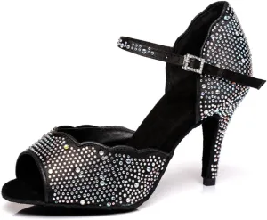 Women's Sparkle Rhinestones Peep Toe Satin Ballroom Modern Rumba Party Wedding Performence Dance Shoes Black US 7.5