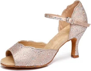 Women's Sparkle Rhinestones Peep Toe Satin Ballroom Modern Rumba Party Wedding Performence Dance Shoes Nude US 4.5