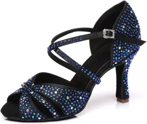 Women's Sparkle Rhinestones Peep Toe Satin Ballroom Modern Tango Party Wedding Performence Dance Shoes Black US 6