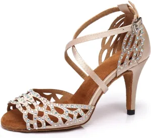 Women's Sparkle Rhinestones Peep Toe Satin Ballroom Modern Tango Party Wedding Practice Performence Dance Shoes Nude US 8