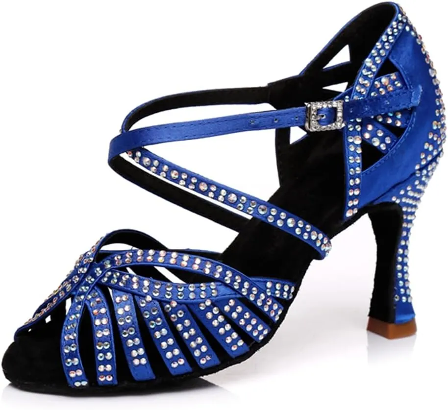 Women's Sparkle Rhinestones Peep Toe Satin Ballroom Tango Modern Party Wedding Professional Dance Shoes Blue US 6.5