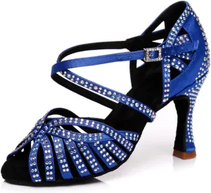 Women's Sparkle Rhinestones Peep Toe Satin Ballroom Tango Modern Party Wedding Professional Dance Shoes Blue US 9