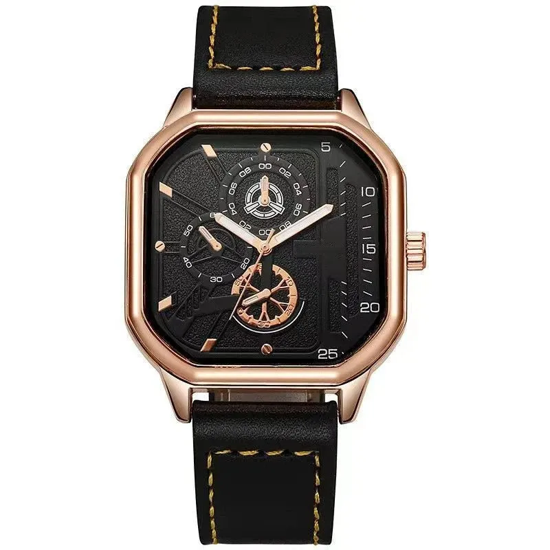 YIKAZE Men's Alloy Quartz Watch - Big Dial, Leather Strap, Waterproof